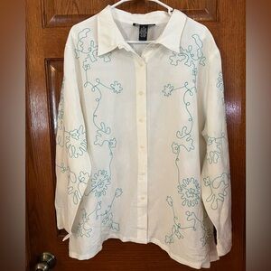 Dialogue 2X White Button Down Turquoise Embroidered Flowers Linen Blend